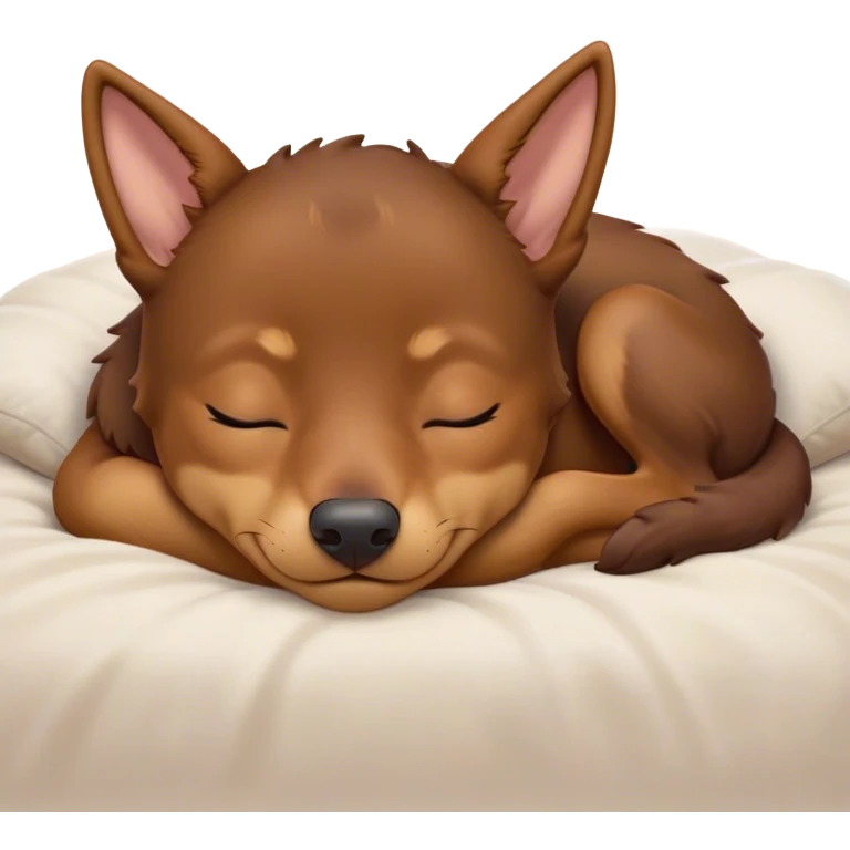 Meme-Worthy Cute Sleeping Brown and Tan Kelpie Portrait Emoji, Head resting peacefully with a contented smile, showcasing a delightfully agile build and a luxuriously soft brown and tan Fur, eyes shut in a serene nap, Simplified yet hilariously adorable features, highly detailed, glowing with a soft, drowsy light, high shine, relaxed and utterly lovable, stylized with an air of playful laziness, bright and heartwarming, soft glowing outline, capturing the essence of a comically sleepy herder, so meme-worthy it feels like it could instantly become the next viral sensation of adorable slumber! emoji