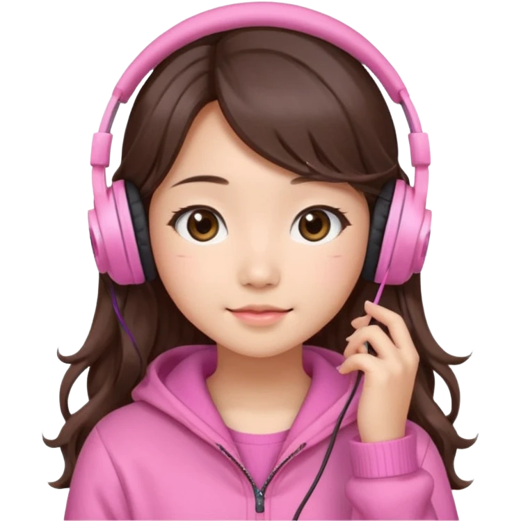 a asian japanese girl with wavy long silky brown hair and no bangs. she has a cute pink gaming headphones. she is wearing a cute pink sweater  emoji