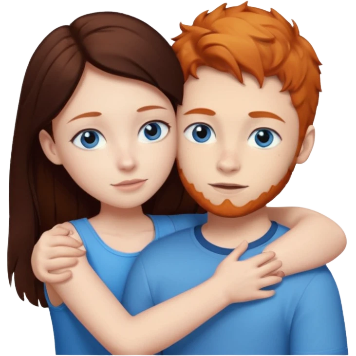 Ginger boy hugging girl with very dark brown hair. Both have blue eyes.  emoji
