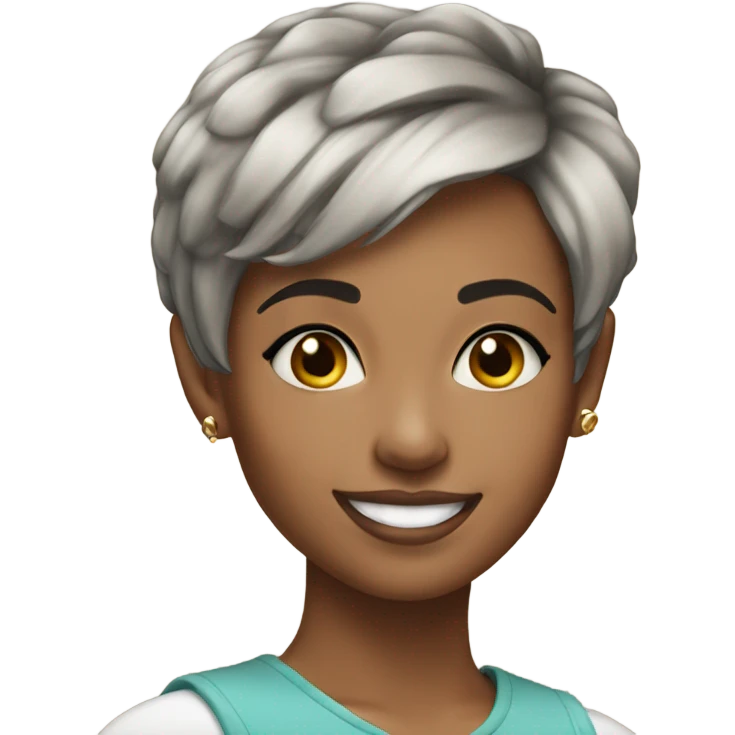 young pretty woman short pixie cut smiling, black hair emoji