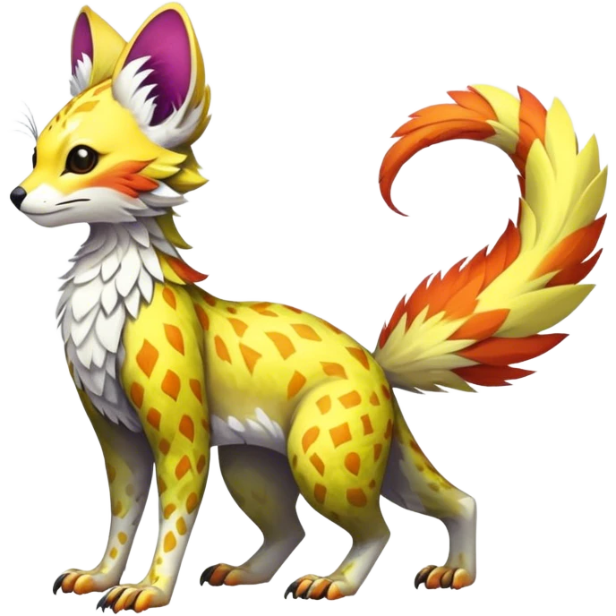 Feral Rare Fantasy vibrant colorful tropical Vernid-Trico-species by LiLaiRa, random markings, tufted tail, tufted ears, full body emoji