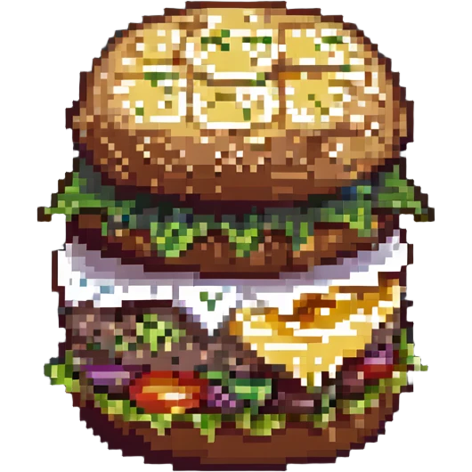 pixel art of a hamburger with cheese, eggs, and lettuce emoji