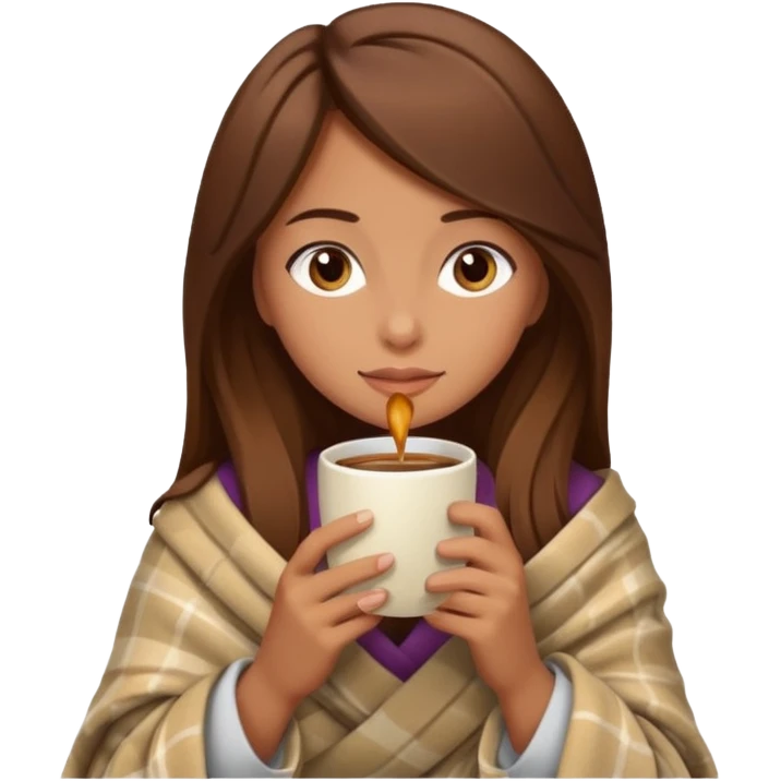 Brown hair Girl drinking coffee, with a cozy blanket emoji