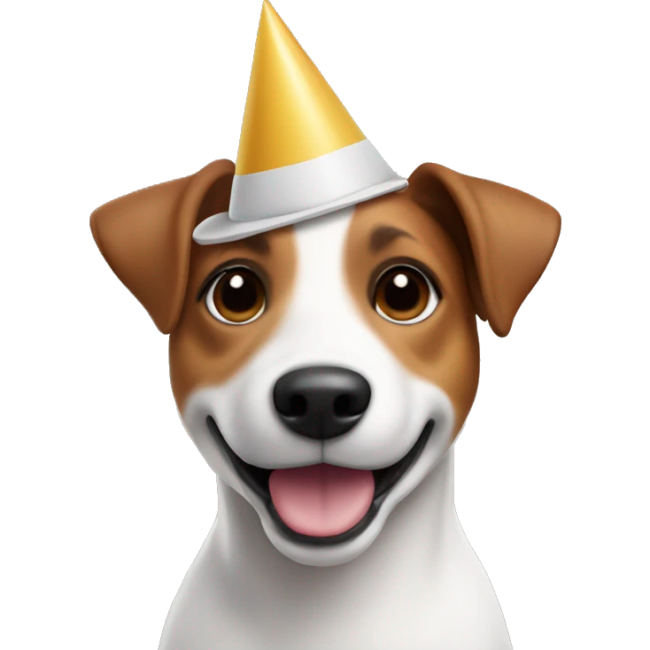 3D dog Jack Russell with white and brown coloring. Like Memoji on iphone. And with a Happy birthday hat emoji