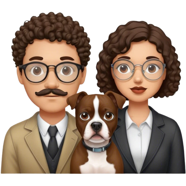 young couple curly hair brunette man w wire glasses and mustache and brunette girl with bob and a brown pitbull boston terrier  emoji