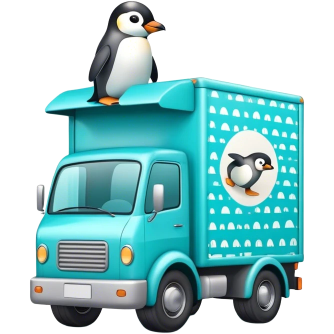 Camion déménagement turquoise avec motif pingouin  emoji