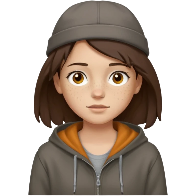 Hobo tomboy with light skin, freckles, shoulder-length center-parted dark brown hair. brown eyes, dark dull brown hoodie, grey shirt. Flat crown bolero hat emoji