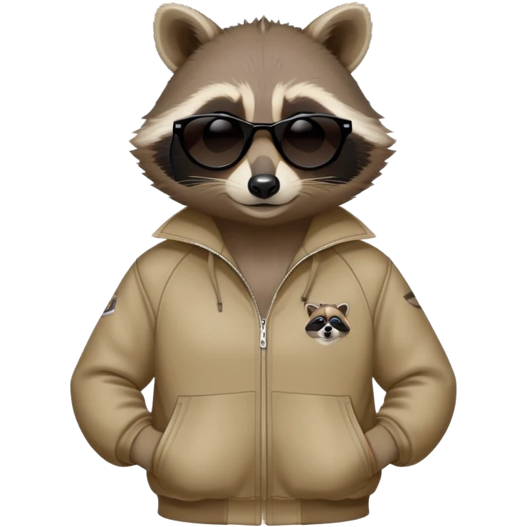 friendly anthropomorphised raccoon in a Sopranos-style mafia tracksuit, wearing dark sunglasses, relaxed pose emoji