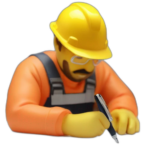 The builder writes on paper with a pen emoji