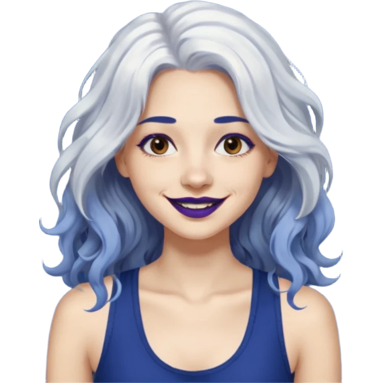 woman wavy with long white hair and brown eyes with dark blue lipstick smiling in a grunge tanktop emoji