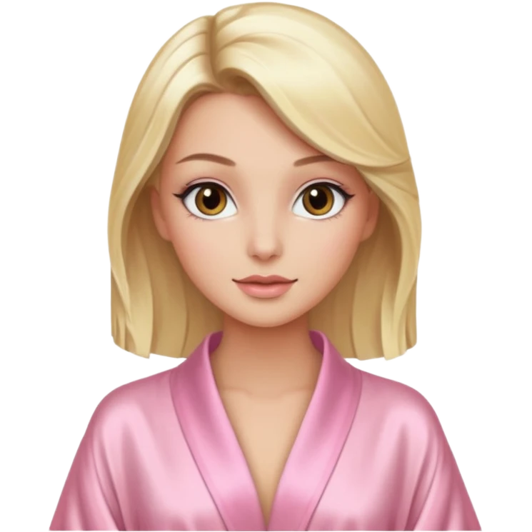 blonde model with brown eyes, luxury makeup, light pink silk robe emoji