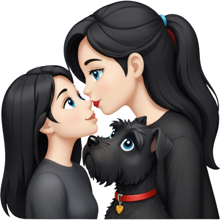 one pale girl with light blue eyes and long black hair wearing black shirt kissing schnauzer smiling black schnauzer  emoji