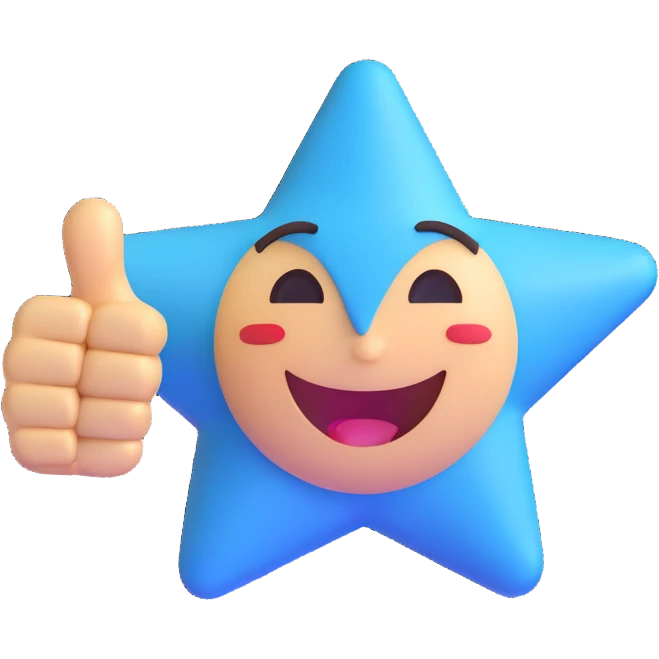 Change the star to blue while keeping the smiling face, winking eyes, right hand welcoming gesture, and left hand thumbs up. Maintain the 3D emoji style with no background (transparent). emoji