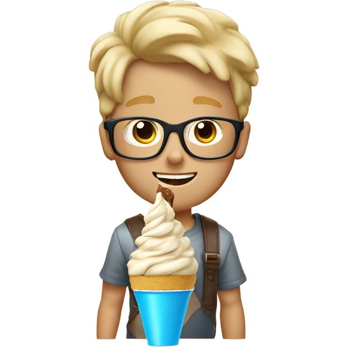 Blond boy with glasses eating chocolate soft serve ice cream where the ice cream is brown and there’s no cone and there are fly sprinkles  emoji