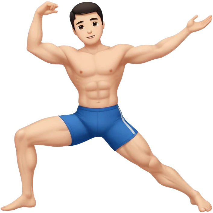 Hombre blanco pelinegro haciendo el ejercicio de tocar los pies con las piernas rectas  emoji