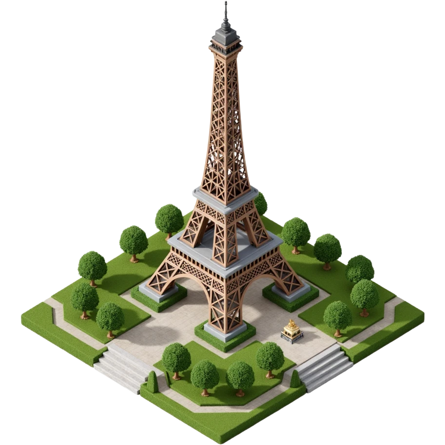 Isometric illustration of Paris, featuring the photorealistic Eiffel Tower surrounded by small Parisian buildings and trees, highly detailed in semi-realistic style emoji