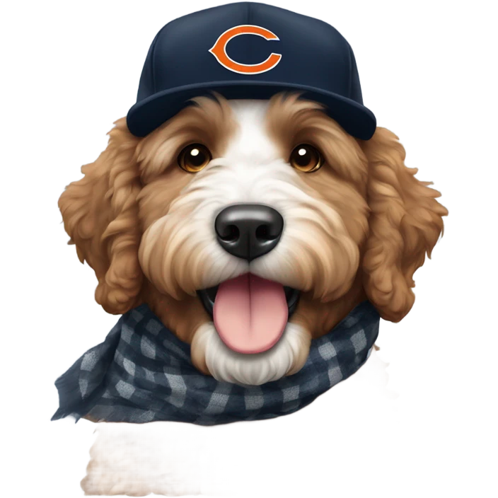 Bernedoodle with chicago bears hat and scarf emoji
