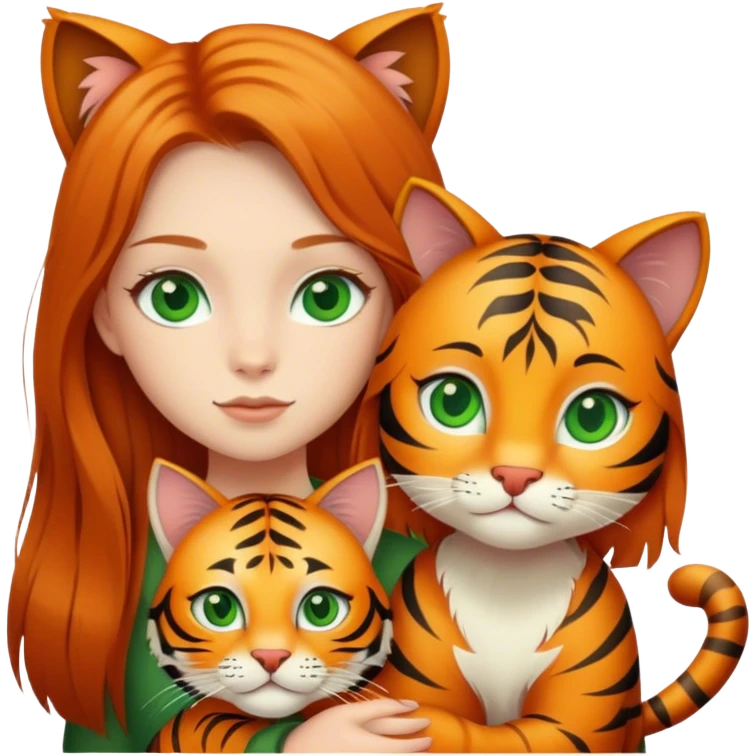 Girl with ginger long hair and green eyes with a tiger cat emoji