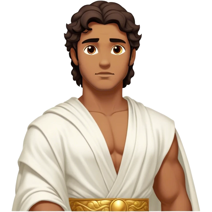 Cinematic Realistic Hercules Portrait, depicted as a classical Greek hero inspired by the Disney version yet echoing the refined proportions and serene dignity of Michelangelo's David. His idealized, sun-kissed bronze skin glows with timeless strength, and his thick, wavy dark hair falls in natural, sculpted curls. Draped in a flowing white robe with delicate golden accents, his expressive eyes radiate determined nobility, all rendered under dynamic natural lighting with a mythic, radiant glow. emoji