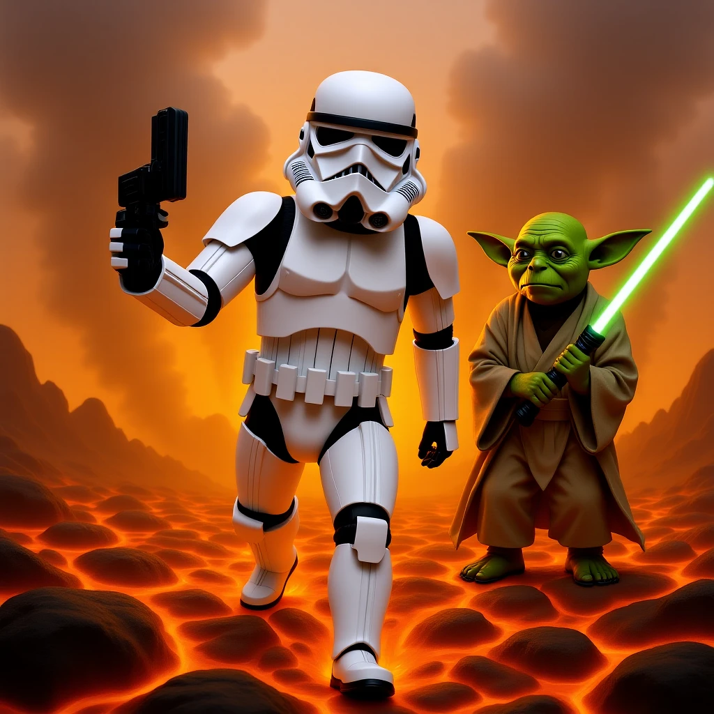 Camera POV, Starwars stormtroopers vlogging selfie, he is walking on lava planet with yoda emoji