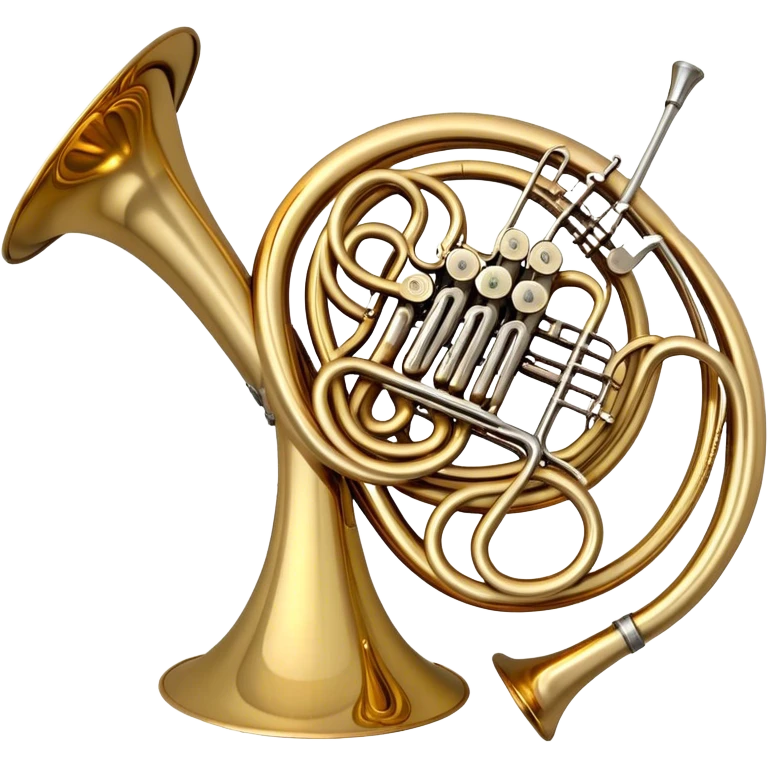 Create a refined and elegant emoji representing the Arnolds & Sons AHR-350 French horn. The design should feature the instrument's beautifully coiled brass body with its distinct flared bell, showcasing the high-quality craftsmanship. Include delicate details like the tuning valves, finger buttons, and elegant brass finish. Add subtle musical notes around the horn to symbolize its melodic sound. Use warm golden and brass tones to convey the luxury and professional quality of the instrument. The background should be transparent emoji