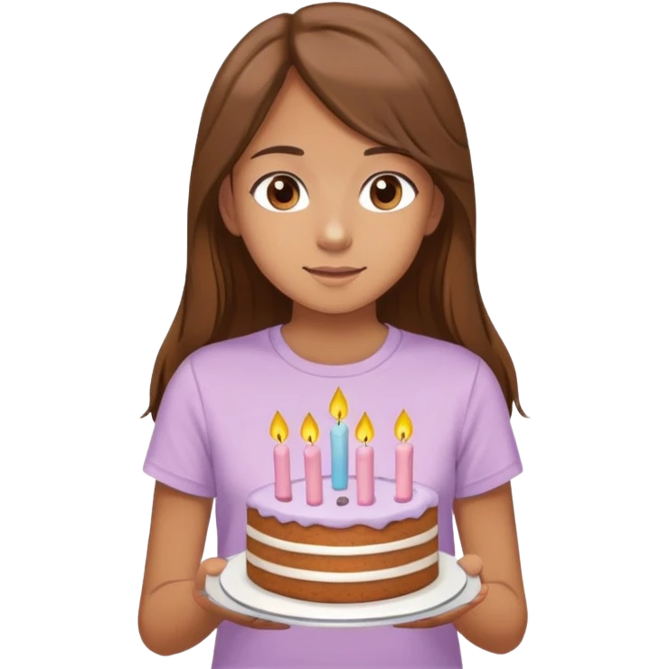 A teenage girl with brown long hair, brown eyes, some basic outfit like pastel T-shirt, in your hands cake and she make a wish emoji
