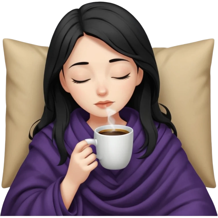 pale raven haired girl inside a blanket sipping coffee eyes closed emoji