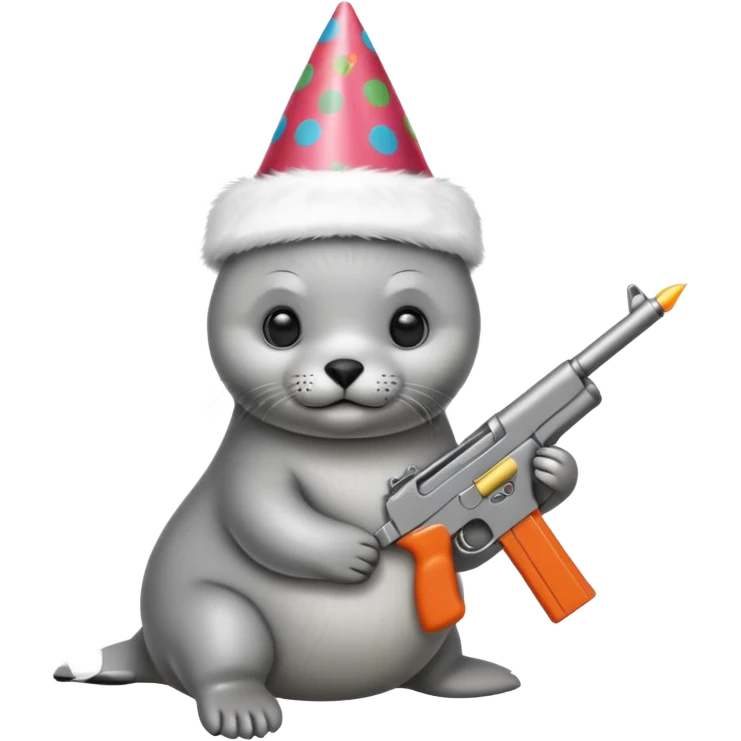 Baby seal wearing birthday hat holding a gun emoji