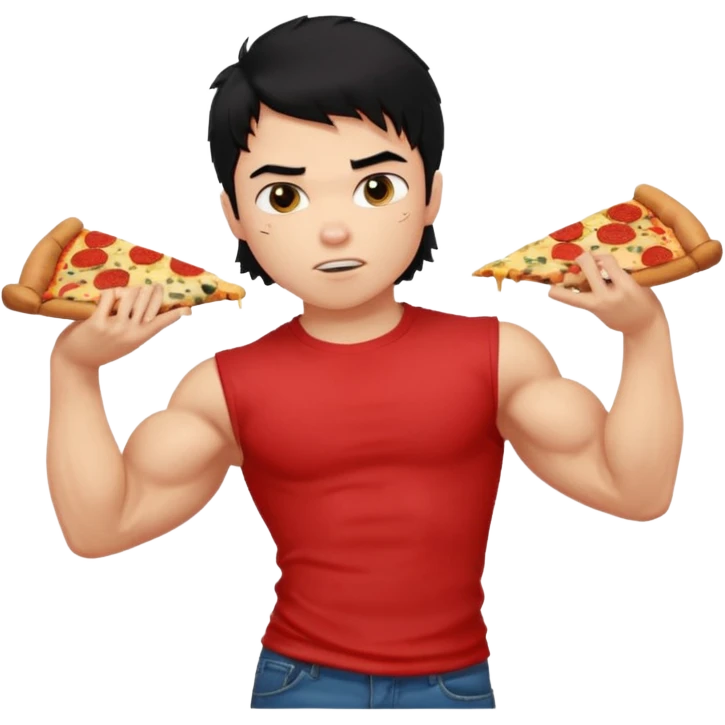 generate a pretty fair bratz boy with a messy mullet (black hair), wearing a red tshirt. eating pizza. He has big biceps and ripped emoji