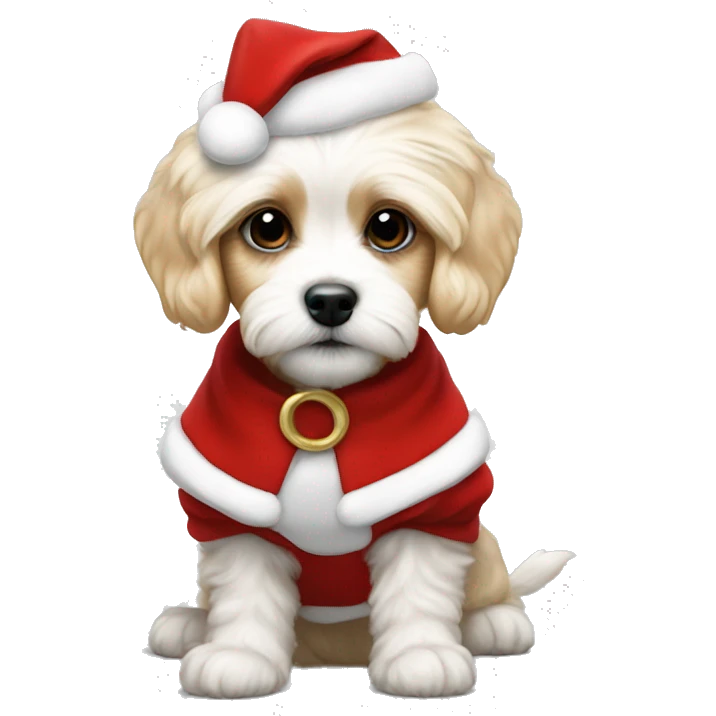 Blonde cavachon puppy in a Santa dress emoji