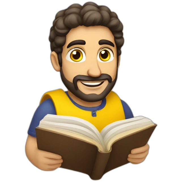 Armenian men with the yellow clothes reading book and looking at camera and smiling  emoji