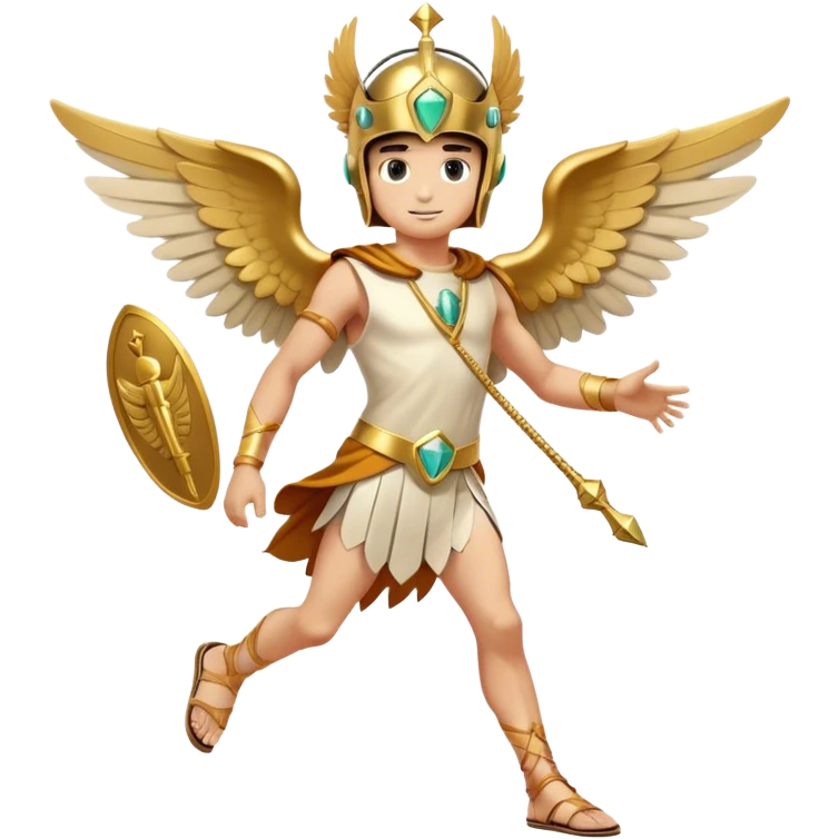 Generate an emoji-style depiction of Hermes, the Greek god of speed, travel, and communication. He should have a youthful face with a playful, clever expression. Include his signature winged helmet and winged sandals. He can hold a caduceus—a staff with two intertwined snakes and wings at the top. His outfit should be a simple tunic, preferably short to suggest agility. The color scheme should be gold, white, and light blue to emphasize his divine and swift nature. Make the overall style sleek and dynamic, as if he’s in motion or ready to dash away emoji
