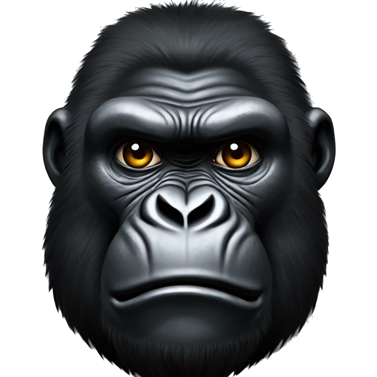 Gorilla-like face, stern expression, deep-set eyes, rugged features, short dark fur. Shadowy lighting, intense and primal gaze, scars on skin, battle-worn look. emoji