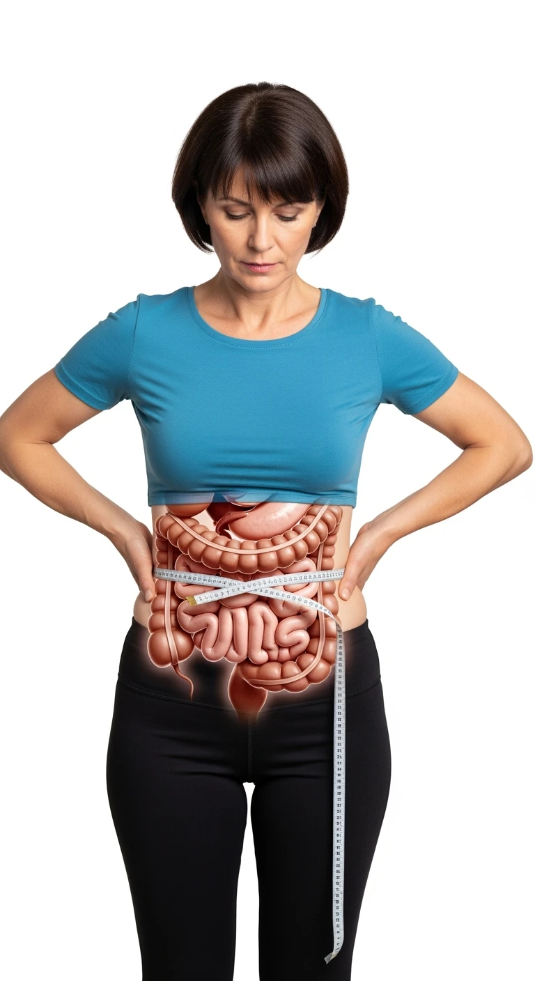 DONNA CHE SI STRINGE I FIANCHI CON LE MANI PER MISURARLI, INTESTINO ANATOMICO REALISTICO IN EVIDENZA, iperrealistico 4k, SENZA METRO, ISOLATA SU SFONDO BIANCO emoji