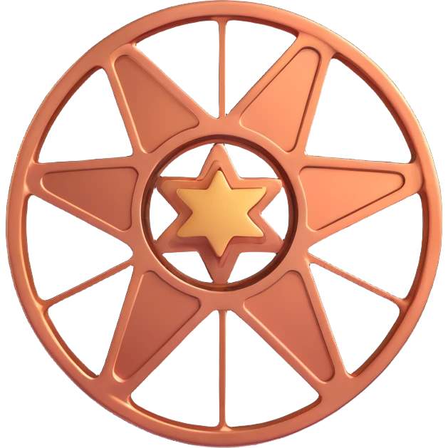 film reel floating in space with a warm copper-colored star behind it, 3D style, metallic copper highlights, cosmic atmosphere emoji
