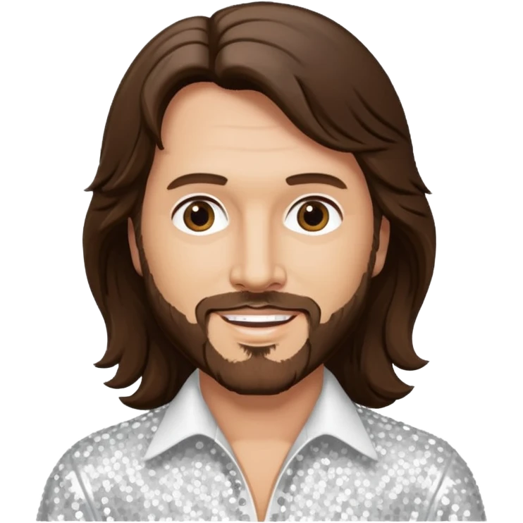Barry Gibb from Bee Gees with long dark brown hair, white sequin outfit  emoji