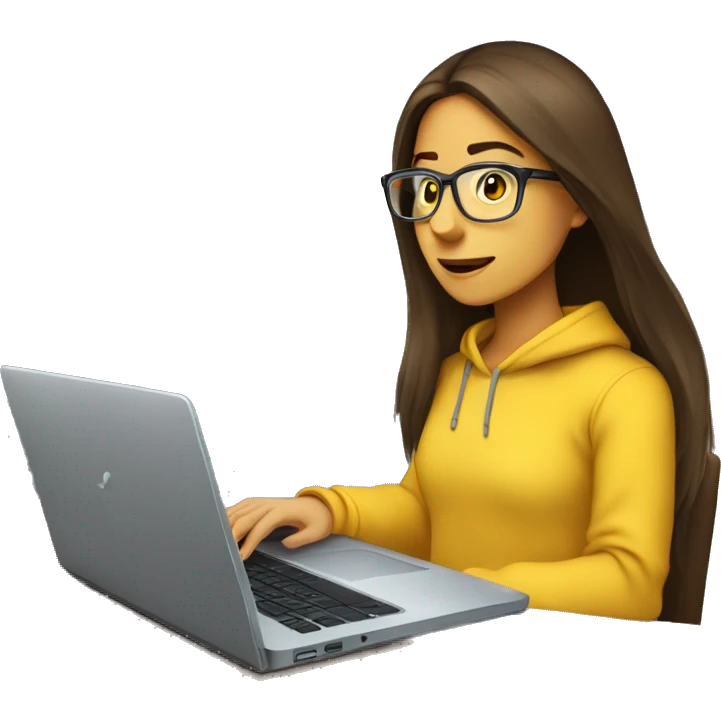 female coder with apple laptop in front of her, very long straight brown hair, brown eyes, facing the right side looking at the laptop, yellow sweatshirt,  glasses emoji