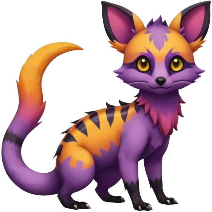 Rare warm-colored exotic cute epic aesthetic gothic colorful Salandit-Eevee-Civet-species-Fakemon-hybrid-creature, with markings, full body emoji