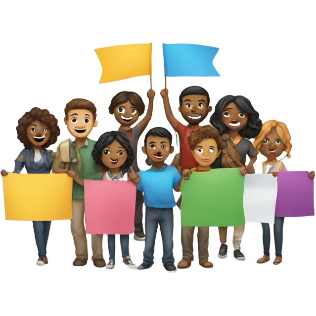 group of people standing with banners emoji