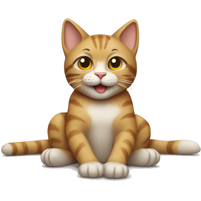 A cat lies on the ground hands on the checks and legs crossed in the back and face to the camera smiling  emoji
