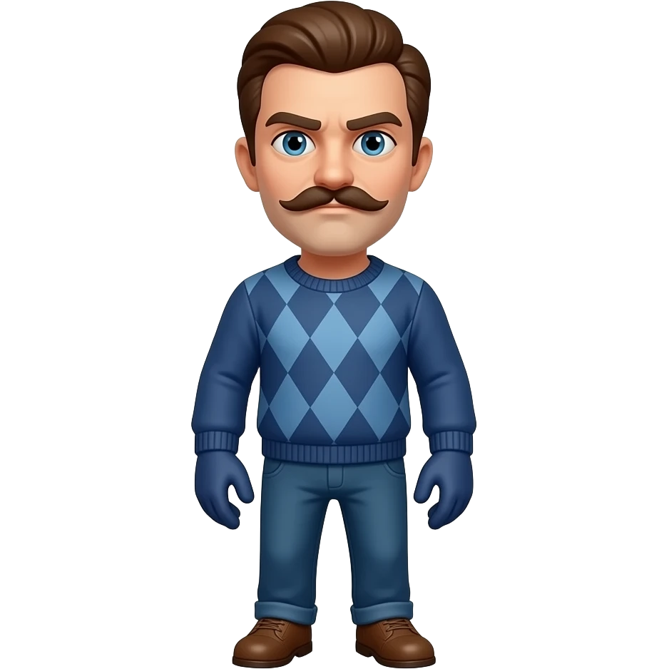 Mr. Peterson tiene cabello castaño peinado hacia atrás, un gran bigote y una expresión seria. Usa un suéter azul con rombos, pantalones azules, guantes y zapatos marrones. Aparece en Hello Neighbor. emoji