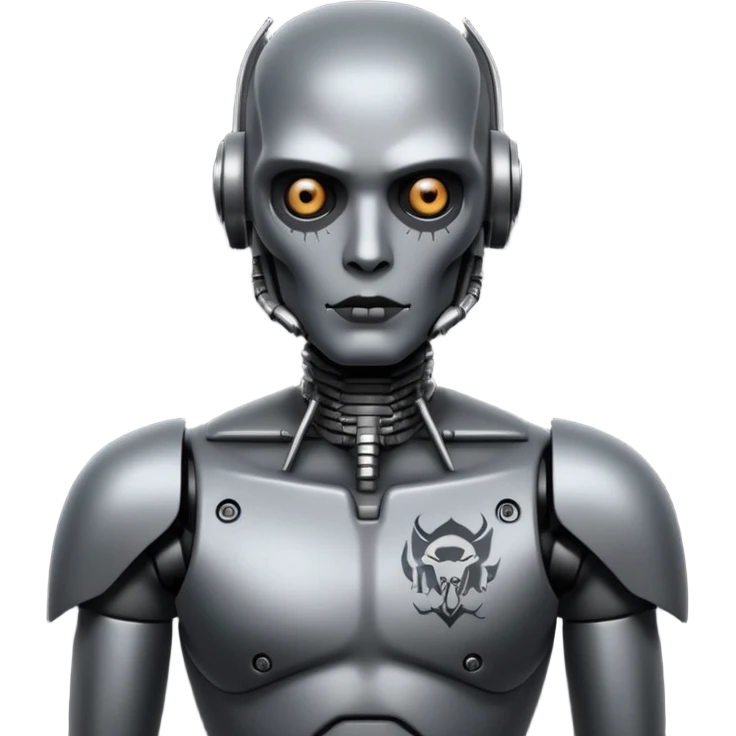 black metal Tatooed robot, big many tatooes on chest, neck and face, white tatoo on face emoji