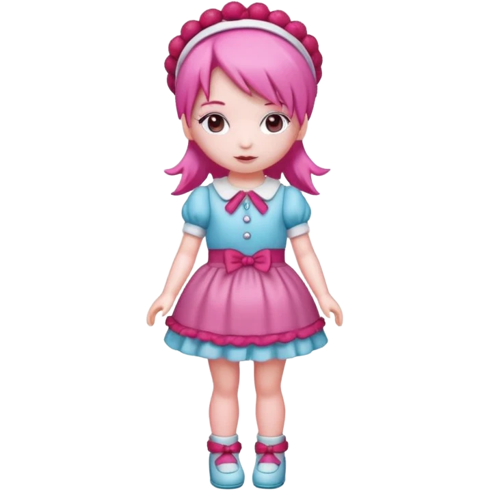 Isolated detaile illustration incredibly modern raspberry torte doll figurine full body with pink hair and a raspberry hairband emoji