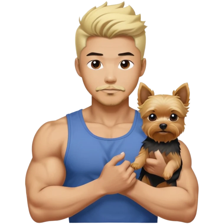  Holding a blonde yorkie Korean Asian handsome man with black pointy hair full goatee and body builder biceps emoji
