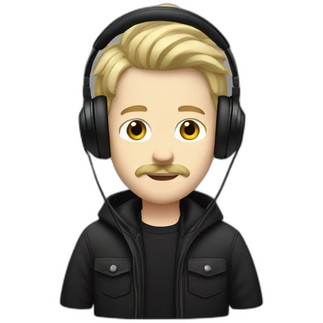 YOUNG WHITE MAN BLONDE HAIR AND MUSTACHE USING A BLACK JACKET AND A HEADPHONE WITH A NEUTRAL FACE emoji