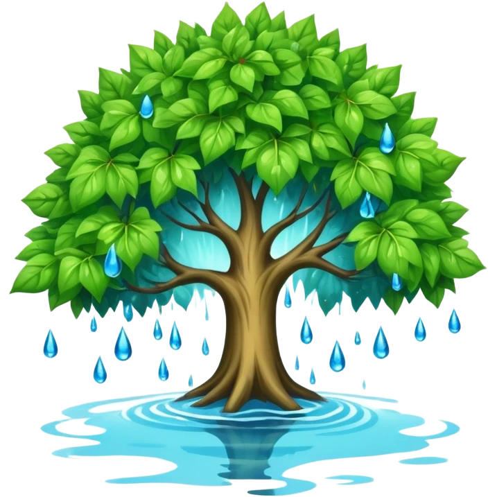 a leafy green tree with its crown bursting into blue water drops, no fire or smoke emoji