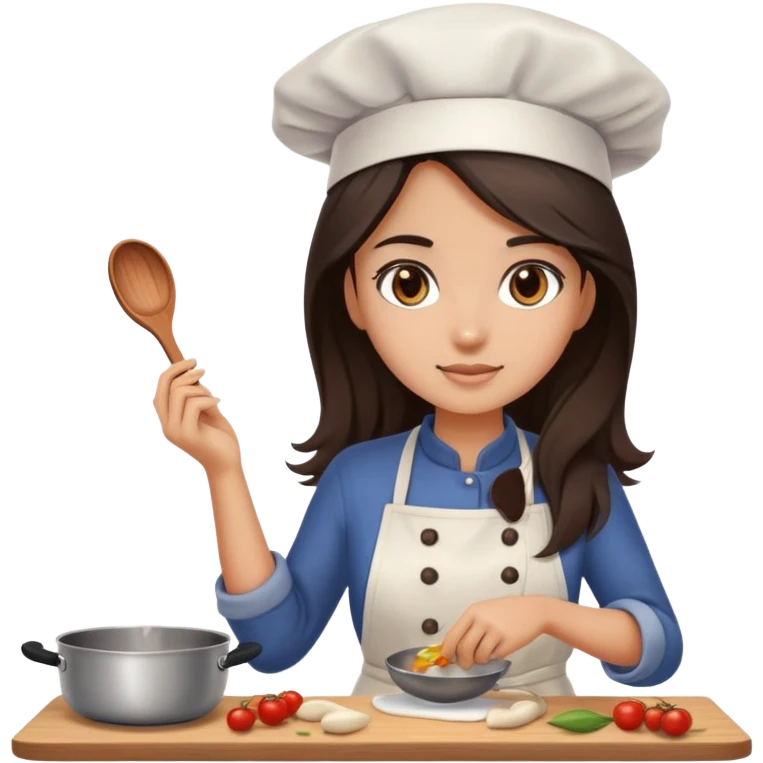cooking food girl long dark brown hair and dark brown eyes, ight to medium skin tone emoji