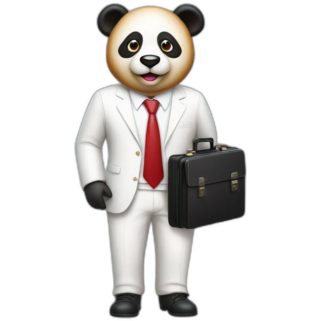 A professor with white suit and red tie and a panda face holding a hotdog and a black suitcase emoji