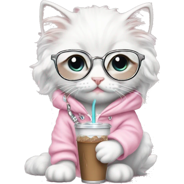 White rag doll kitten wearing a fancy light pink hoodie and diamond filled stethoscope necklace and wearing white glasses and holding iced coffee  emoji