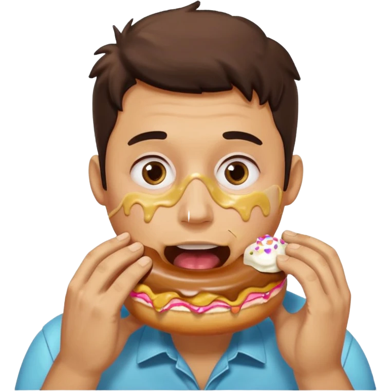 A man messily eating a filled donut, the donut is filled with Boston cream and it’s making a mess everywhere emoji